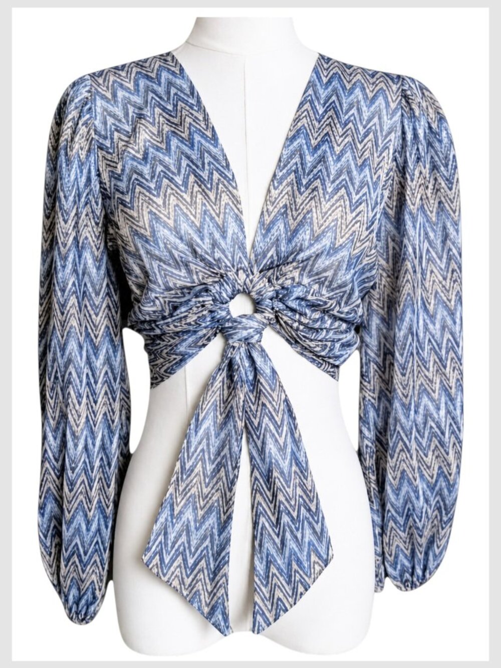 Moon River Sheer Twist Front Puff Sleeve Blouse Sky Blue L - Picture 2 of 8